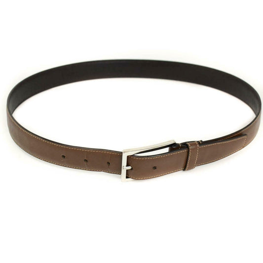 PRADA: Brown, Saffiano Leather & Logo Buckle Belt fits 35" to 38" (mx)
