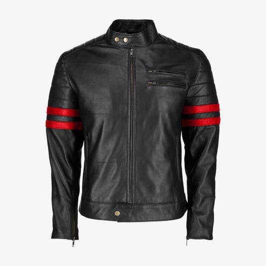 Mens Red Stripe Black Leather Jacket