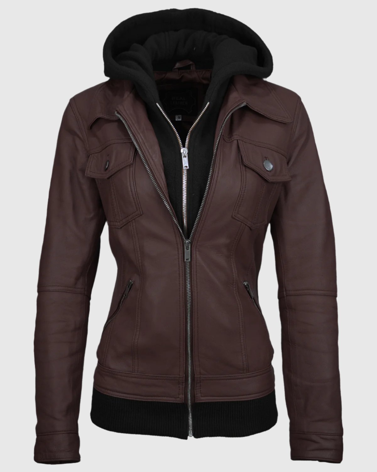 Women Trucker Removable Hood Leather Jacket