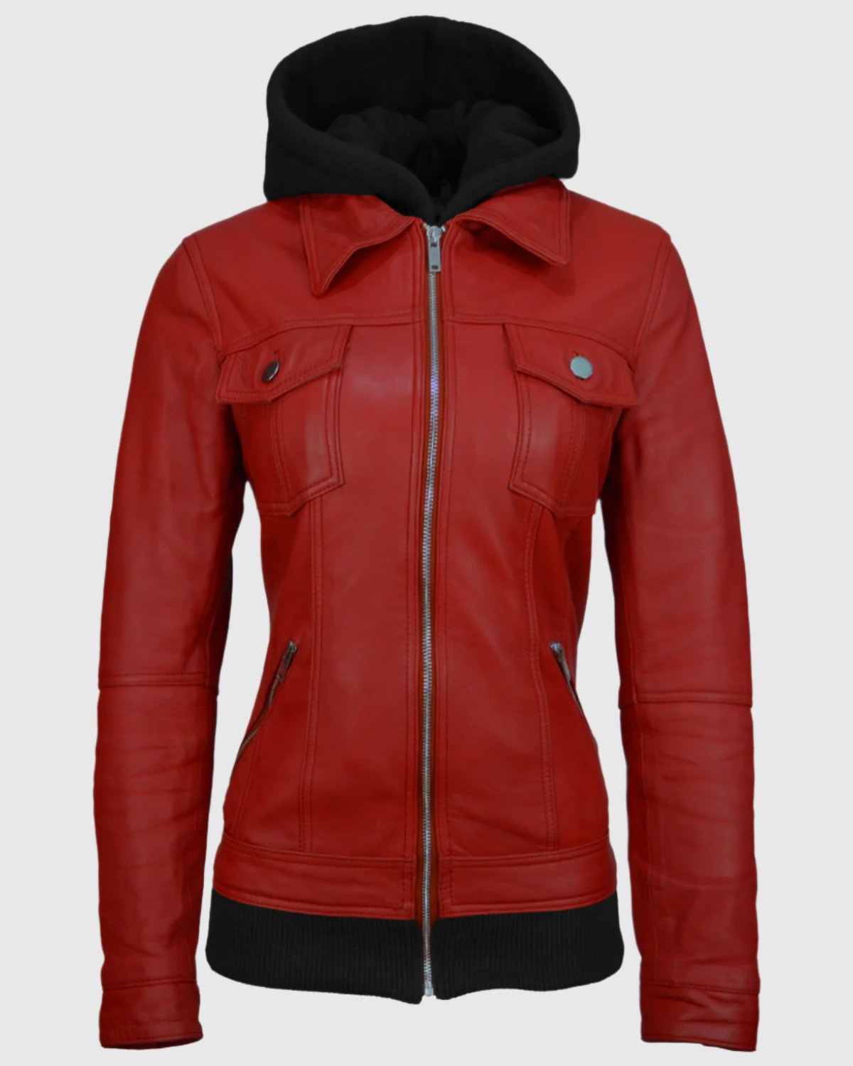Women Trucker Removable Hood Leather Jacket