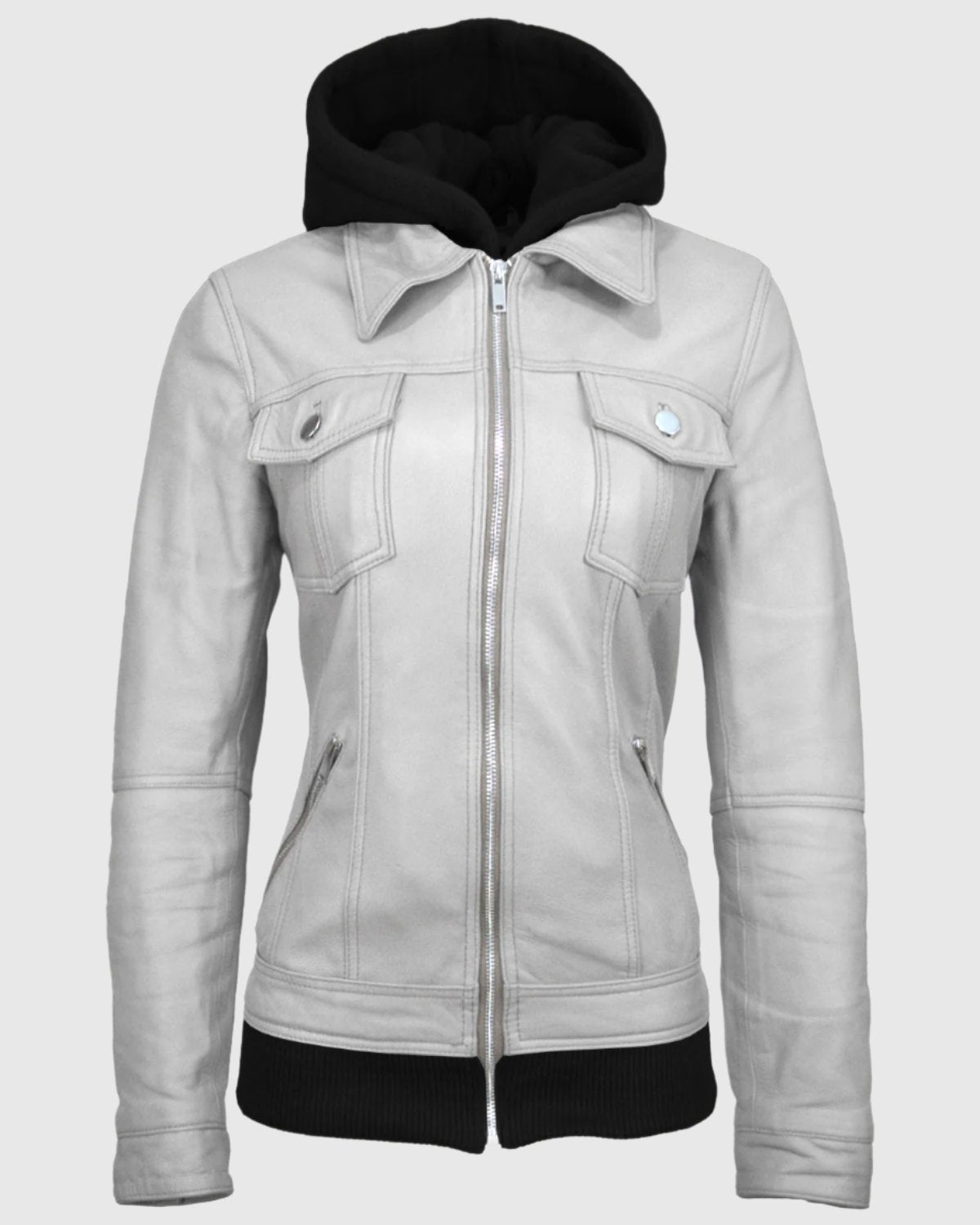 Women Trucker Removable Hood Leather Jacket