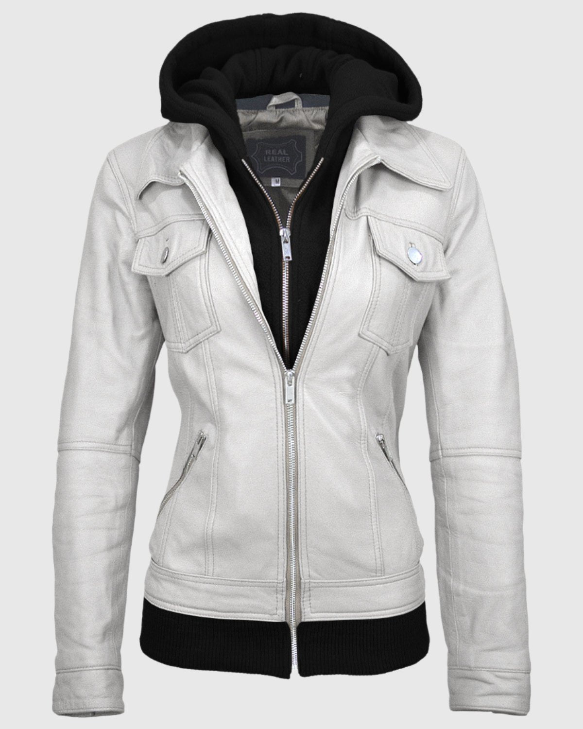 Women Trucker Removable Hood Leather Jacket
