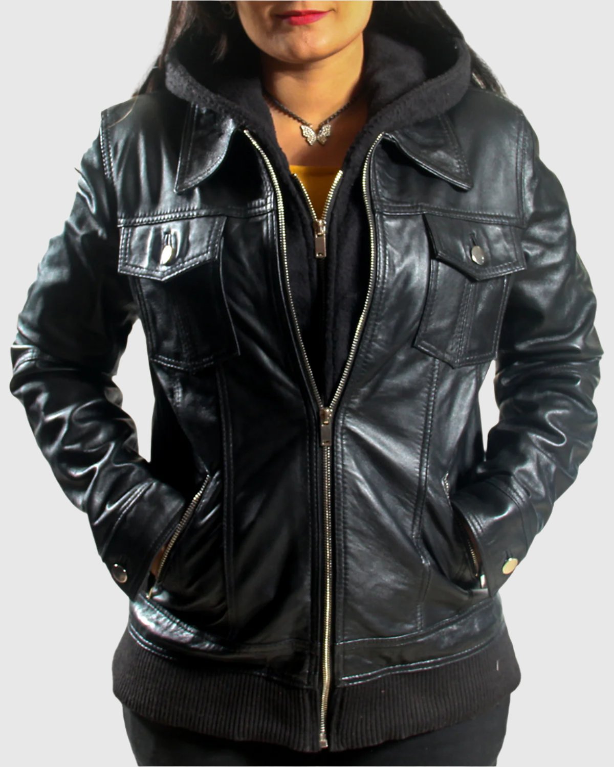 Women Trucker Removable Hood Leather Jacket
100% Real Lambskin leather
Removable hood
Semi Spread Collar
Zipper closure
Polyester Lining
Relaxed fit