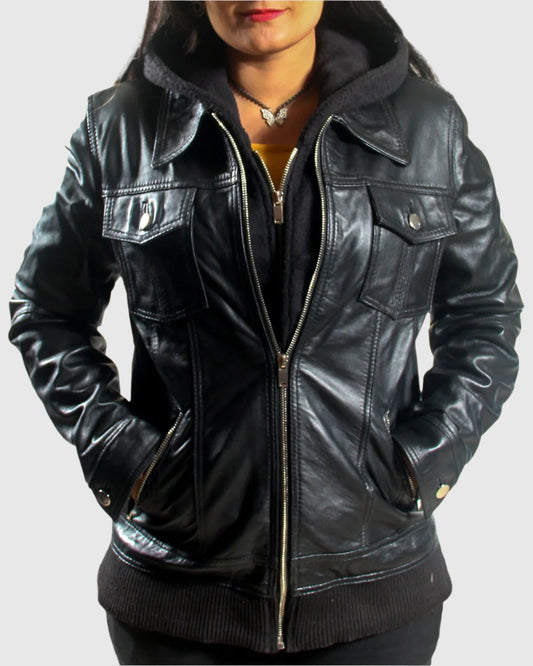 Women Trucker Removable Hood Leather Jacket
100% Real Lambskin leather
Removable hood
Semi Spread Collar
Zipper closure
Polyester Lining
Relaxed fit