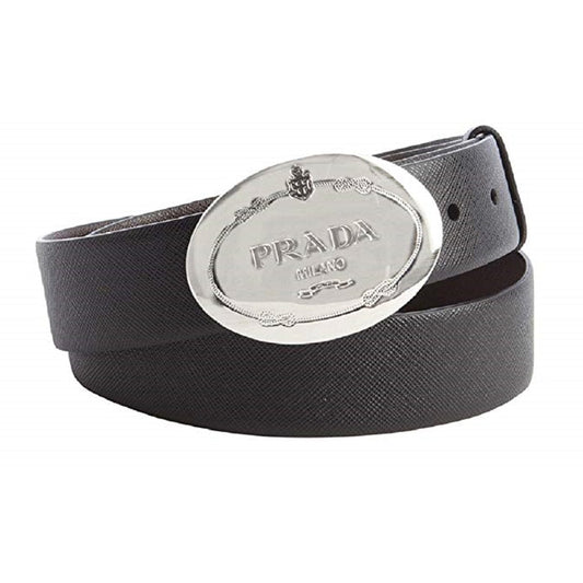 Prada Men's Saffiano Grey Anthracite Leather Engraved Oval Plaque Buckle Belt 2CM046 Size:110/44