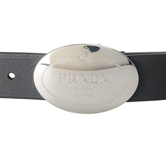 Prada Men's Saffiano Grey Anthracite Leather Oval Plaque Buckle Belt 2CM046 Size: 90/36