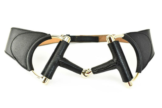 GUCCI: Black Leather & Gold "Horsebit" Buckle, Waist Belt fits 34" to 38" (ps)