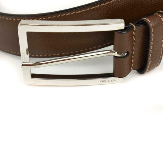 PRADA: Brown, Saffiano Leather & Logo Buckle Belt fits 35" to 38" (mx)