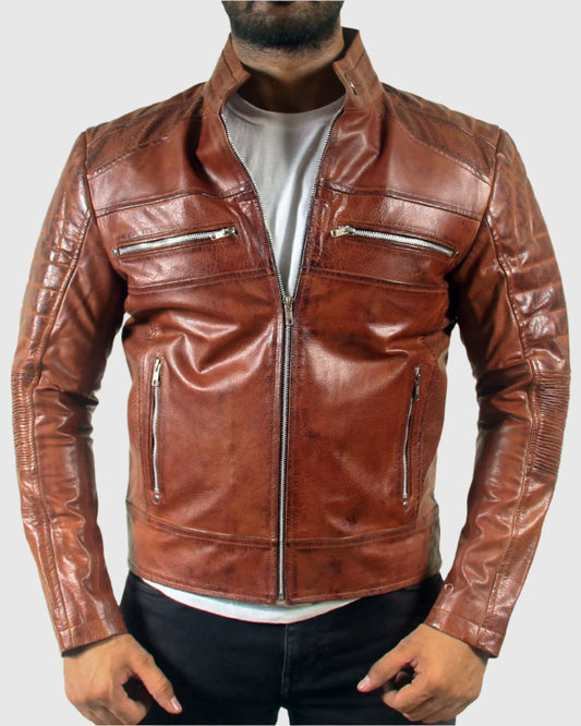 Mens Padded Motorcycle Cafe Racer Leather Jacket