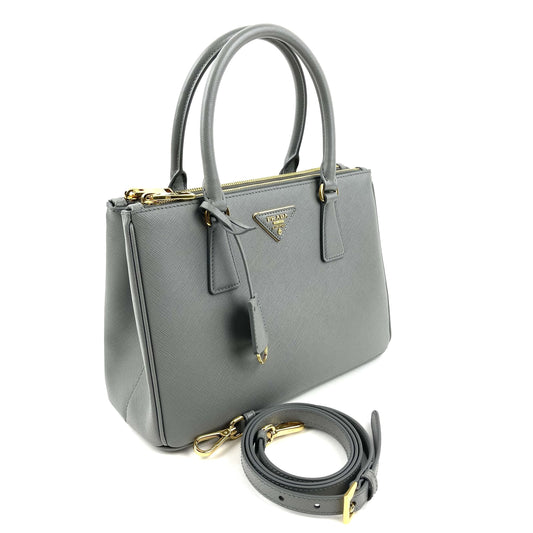 PRADA Small Saffiano Cuir Tote w/Strap - Grey
