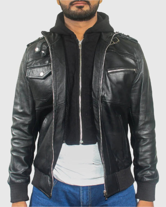 Mens Removable Hood Black Leather Jacket