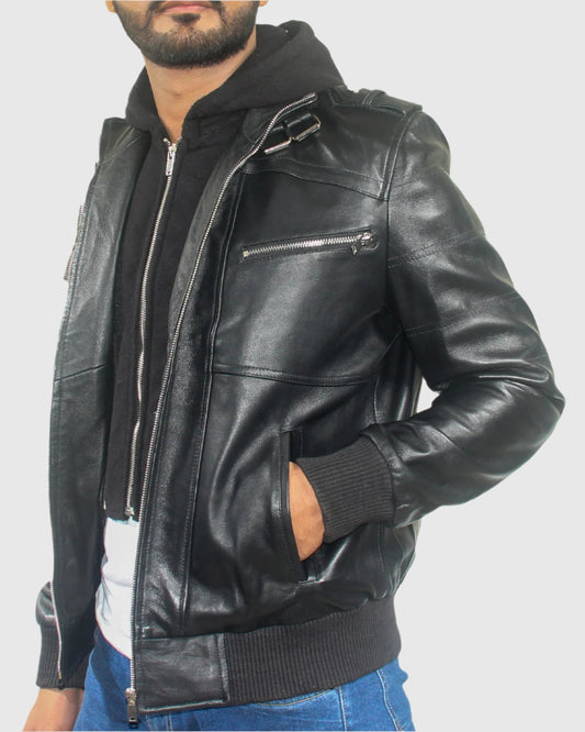 Mens Removable Hood Black Leather Jacket