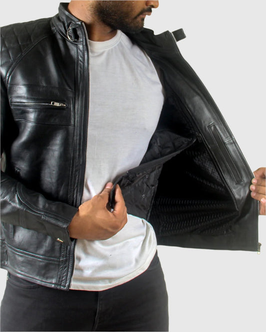 Mens Classic Padded Motorcycle Leather Jacket