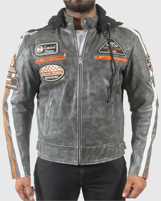 Mens Retro Padded Hooded Leather Motorcycle Jacket