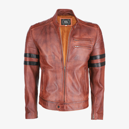 Mens Black Stripe Brown Leather Jacket