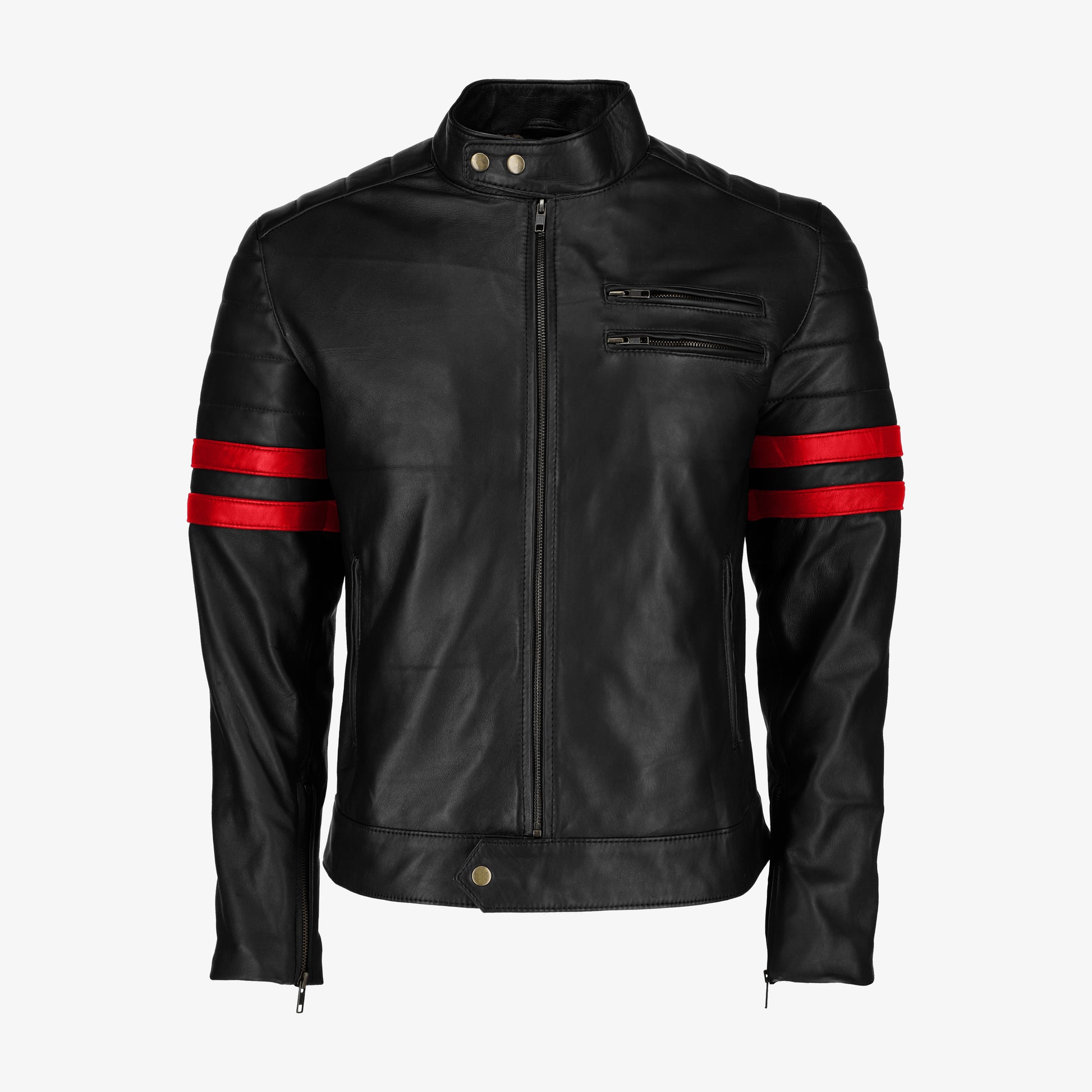 Mens Red Stripe Black Leather Jacket