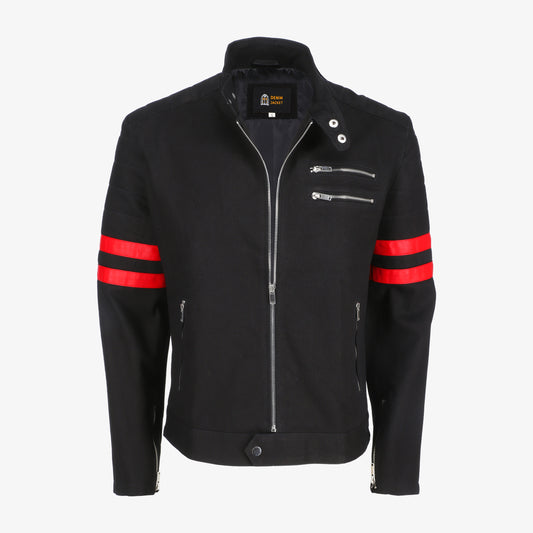 Mens Red Stripe Black Denim Jacket