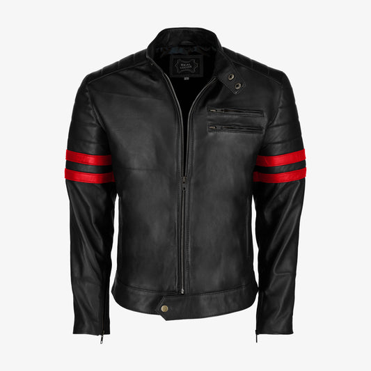 Mens Red Stripe Black Leather Jacket