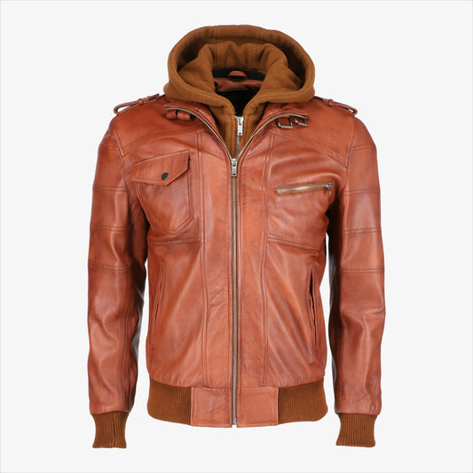 Mens Removable Hood Brown Leather Jacket