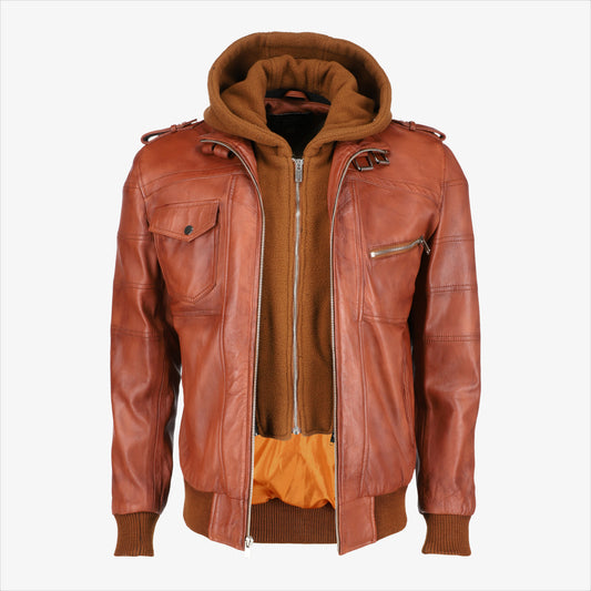 Mens Removable Hood Brown Leather Jacket