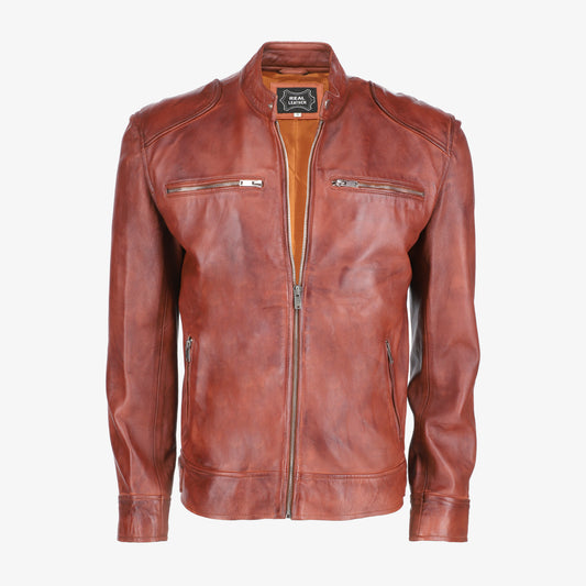 Mens Shoulder Pad Brown Leather Jacket