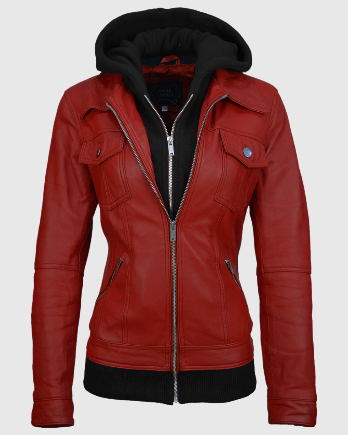 Women Trucker Removable Hood Leather Jacket