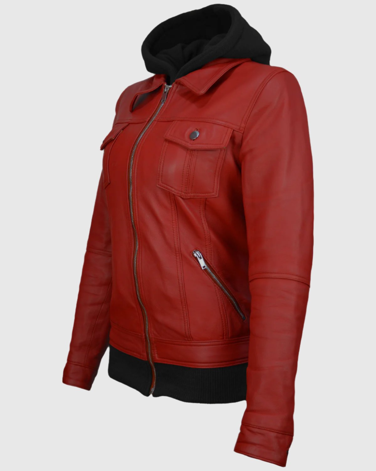 Women Trucker Removable Hood Leather Jacket