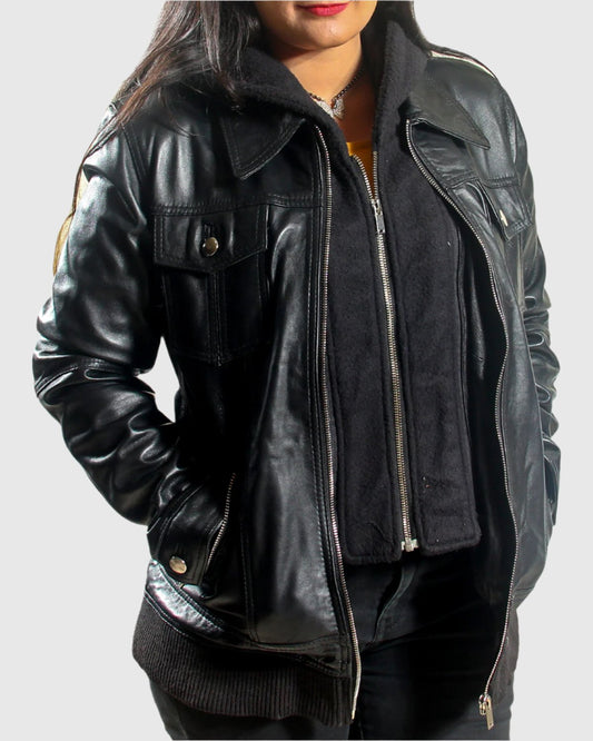 Women Trucker Removable Hood Leather Jacket