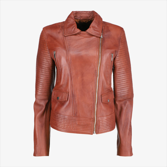 Women Asymmetrical Zip-up Brown Leather Jacket