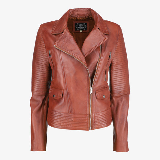 Women Asymmetrical Zip-up Brown Leather Jacket