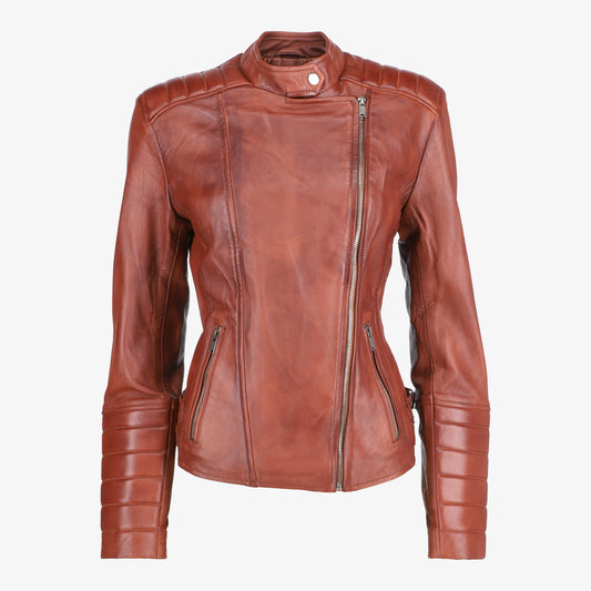 Women Asymmetrical Biker Zip-up Brown Leather Jacket