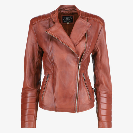 Women Asymmetrical Biker Zip-up Brown Leather Jacket