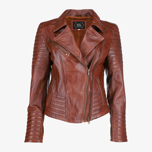 Women Asymmetrical Biker Brown Leather Jacket