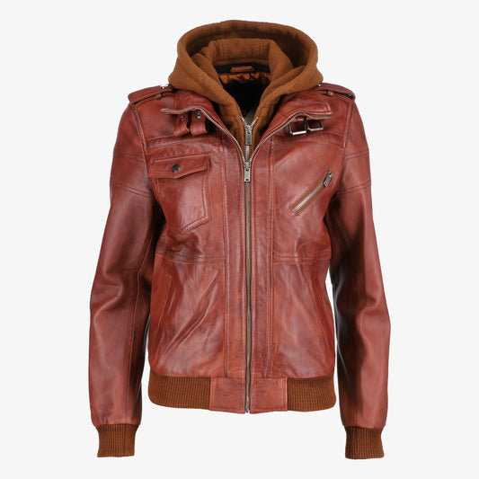 Women Removable Hood Brown Leather Jacket