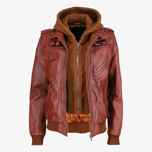 Women Removable Hood Brown Leather Jacket