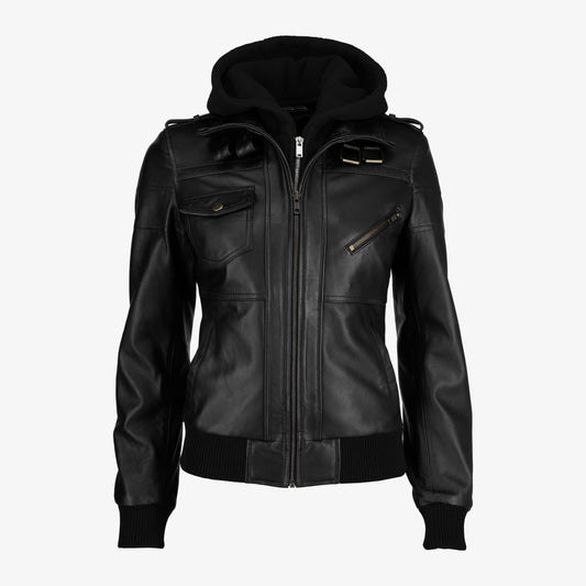 Women Removable Hood Leather Jacket