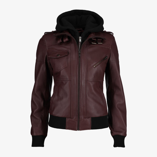 Women Removable Hood Leather Jacket