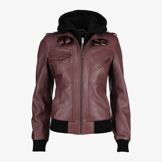 Women Removable Hood Leather Jacket