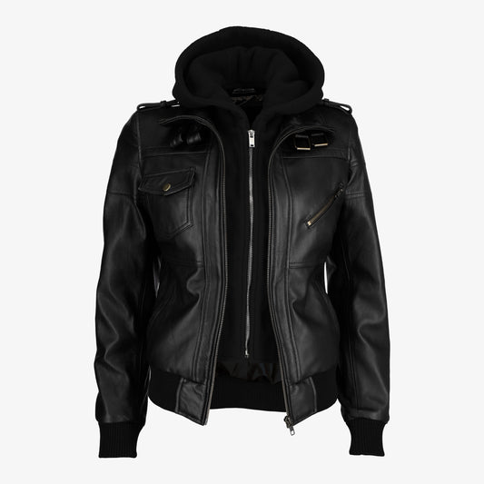 Women Removable Hood Leather Jacket