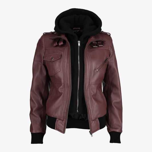 Women Removable Hood Leather Jacket