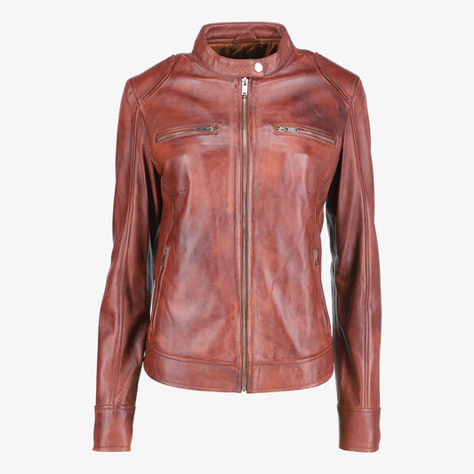 Women Shoulder Pad Brown Leather Jacket