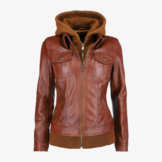 Women Trucker Hood Brown Leather Jacket