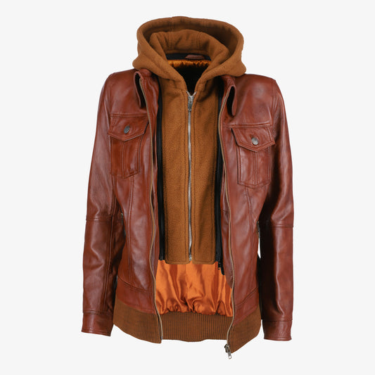 Women Trucker Hood Brown Leather Jacket