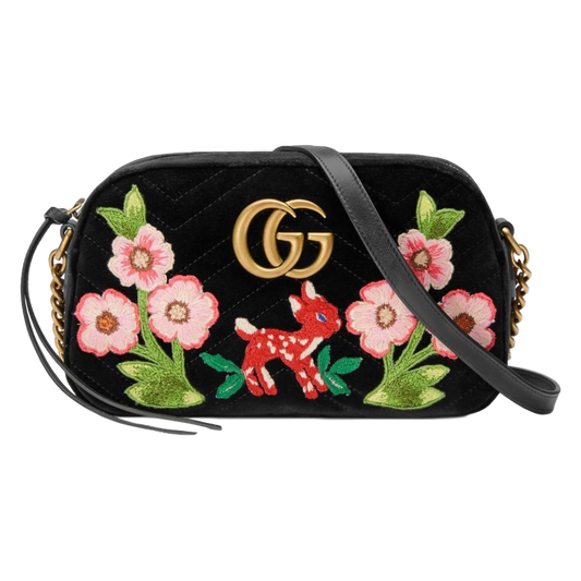 Gucci GG Marmont Matelasse Embroidered Black Nero Velvet Crossbody 447632