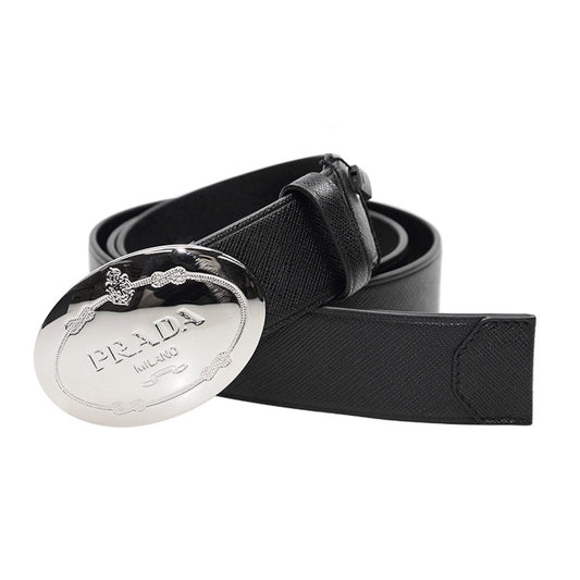 Prada Black Saffiano Leather Engraved Oval Plaque Buckle Size: 95/38 Belt 2CM046