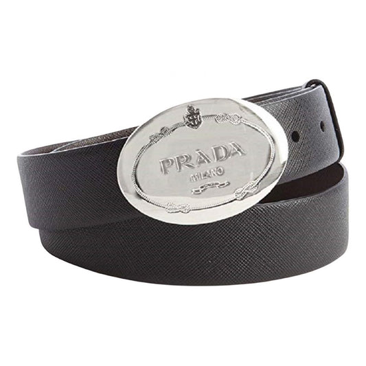 Prada Black Saffiano Leather Engraved Oval Plaque Buckle Size: 100/40 Belt 2CM046