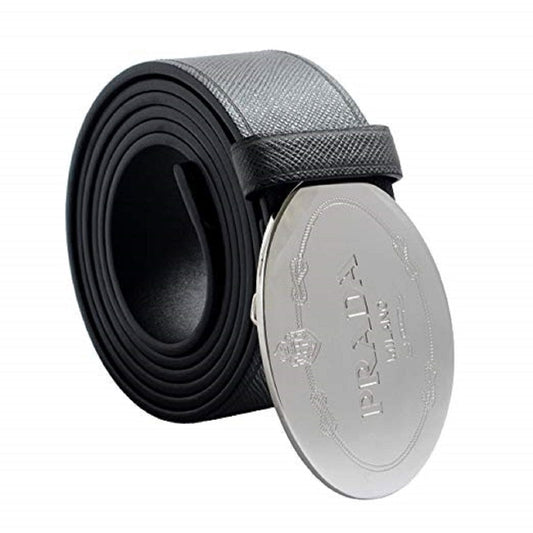Prada Men's Saffiano Grey Anthracite Leather Engraved Oval Plaque Buckle Belt 2CM046 Size:110/44