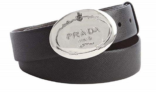 Prada Grey Saffiano Leather Engraved Oval Plaque Buckle Size: 95/38 Belt 2CM046