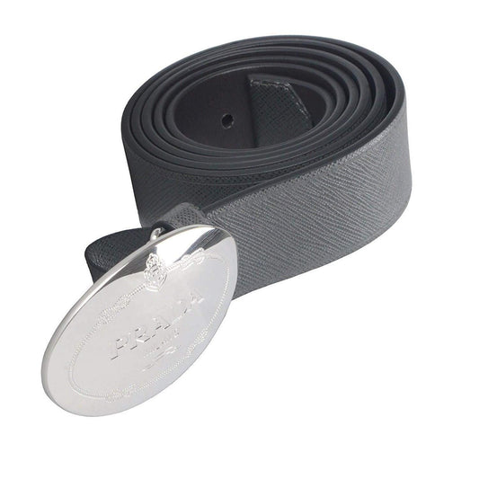 Prada Grey Saffiano Leather Engraved Oval Plaque Buckle Size: 100/40 Belt 2CM046