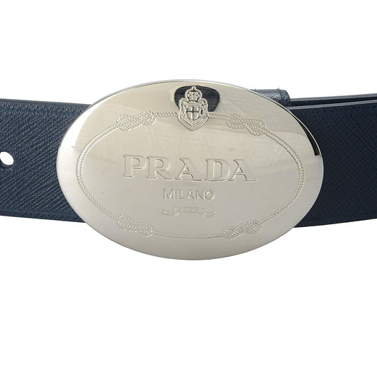 Prada Navy Blue Saffiano Leather Belt Silver Belt Buckle 2CM046 Size 100 / 40